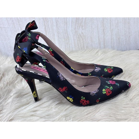Betsey Johnson Shoes - Betsey Johnson Ginjer Floral Heels Women's 7M Black Satin Slingback Bow